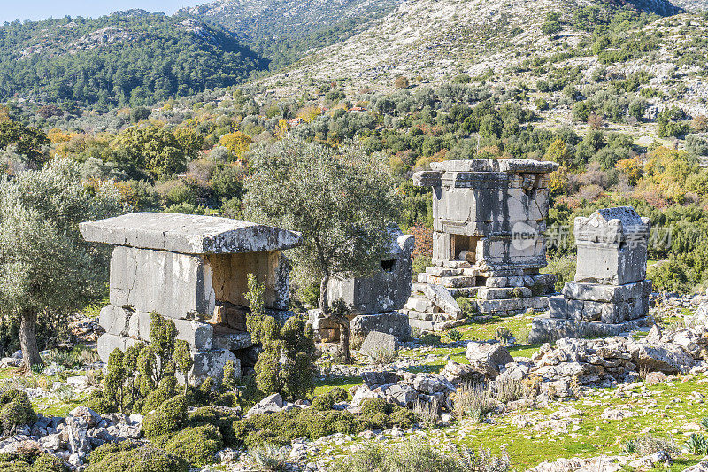 来自Dodurga村的Sidyma古城。Fethiye, Mugla，土耳其。